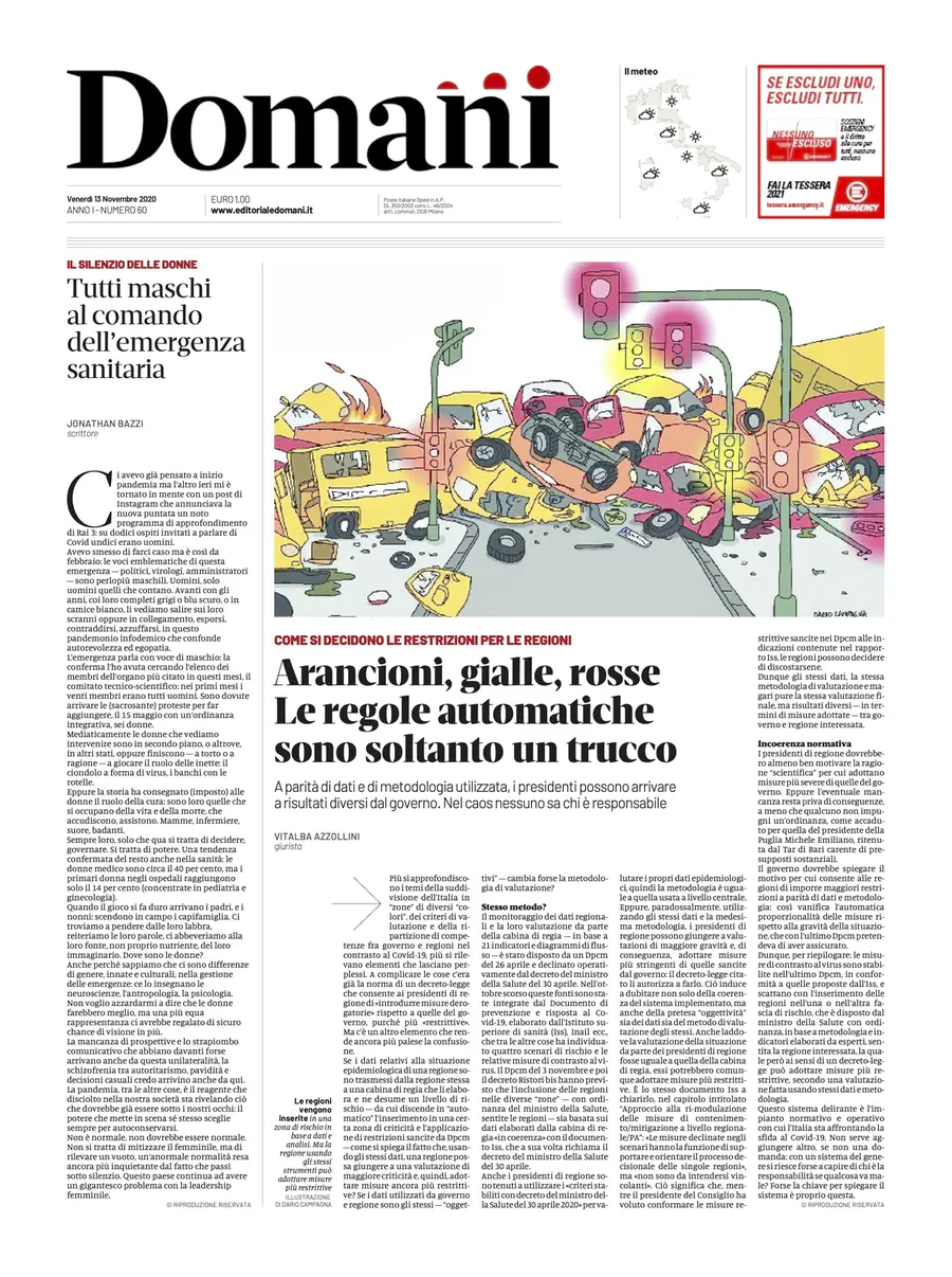 Una selezione fra le prime 100 prime pagine di Domani, dal 15 settembre al 23 dicembre 2020