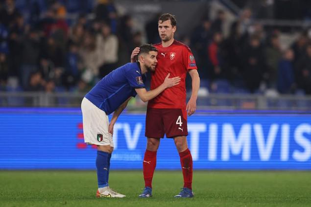 November 12, 2021, Rome, United Kingdom: Rome, Italy, 12th November 2021. Jorginho of Italy is consoled by Fabian Frei of Switzerland following the final whistle after missing a late in the FIFA World Cup qualifiers match at Stadio Olimpico, Rome. Picture credit should read: Jonathan Moscrop / Sportimage(Credit Image: \\u00A9 Jonathan Moscrop/CSM via ZUMA Wire) (Cal Sport Media via AP Images)
