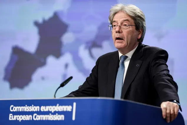 European Commissioner for Economy Paolo Gentiloni speaks during an online news conference at the European Commission headquarters in Brussels, Thursday, Feb. 11, 2021. (Kenzo Tribouillard, Pool via AP)