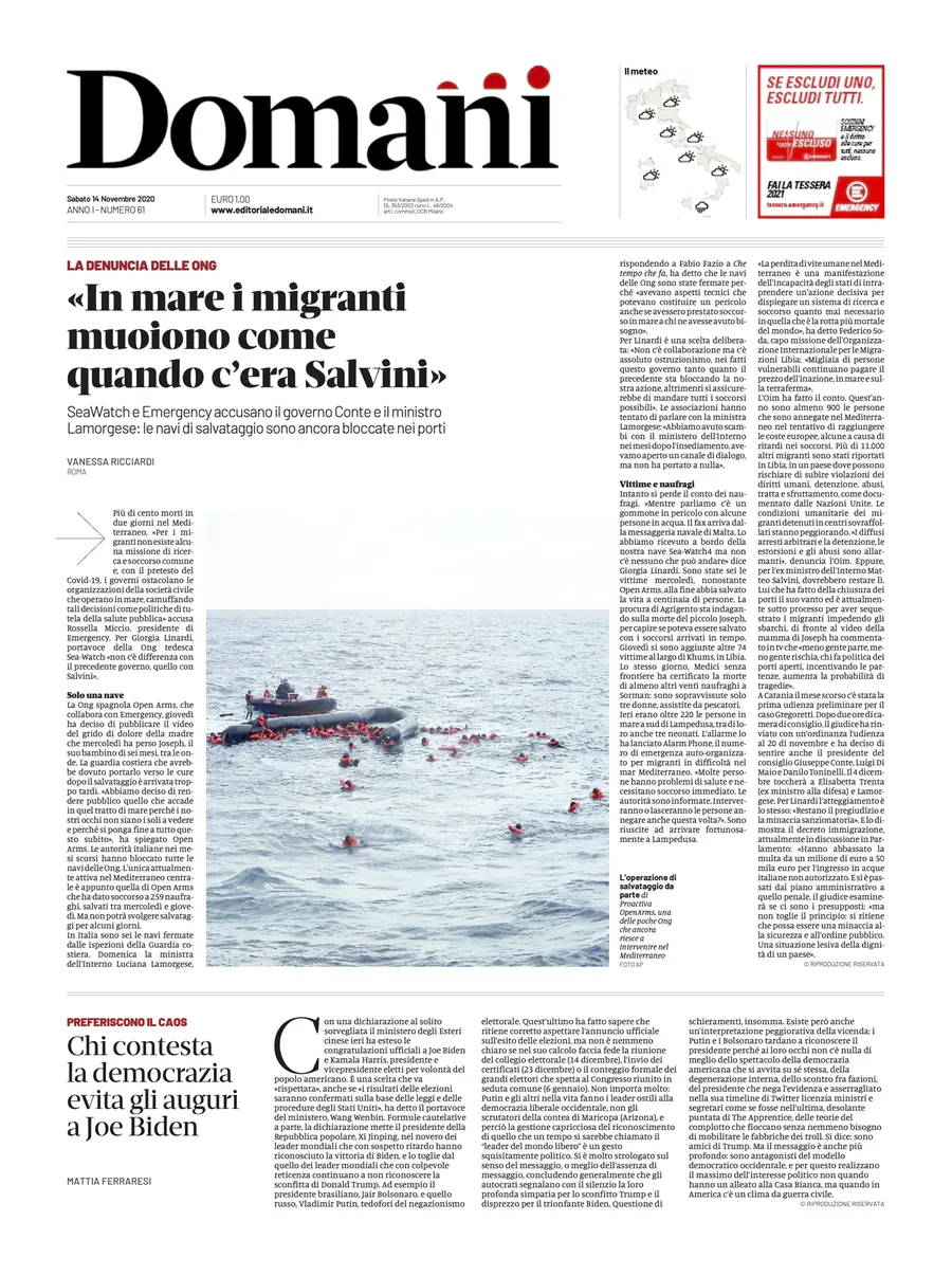 Una selezione fra le prime 100 prime pagine di Domani, dal 15 settembre al 23 dicembre 2020