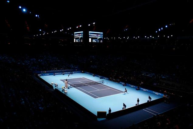 FILE - This Sunday Nov. 22, 2009 file photo shows a view of the stadium as Britain's Andy Murray plays his tennis match against Argentina's Juan Martin Del Potro during the ATP World Tour Finals at the O2 Arena in London. The ATP Finals is moving to the Italian city of Turin in 2021, the ATP is expected to announce the move Wednesday April 24, 2019. (AP Photo/Kirsty Wigglesworth, File)
