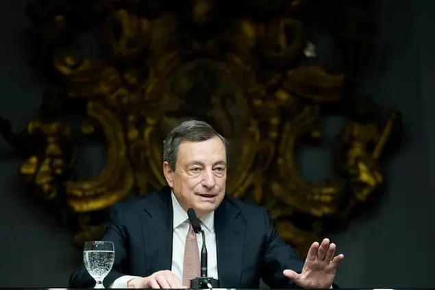 Italy's Prime Minister Mario Draghi speaks during a press conference at the Italian Embassy, Wednesday, May 11, 2022, in Washington. (AP Photo/Mariam Zuhaib)