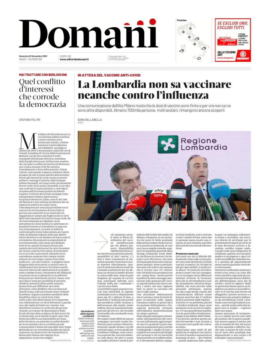 Una selezione fra le prime 100 prime pagine di Domani, dal 15 settembre al 23 dicembre 2020