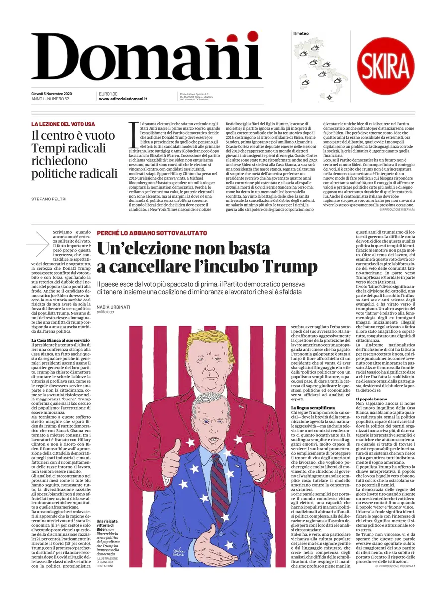 Una selezione fra le prime 100 prime pagine di Domani, dal 15 settembre al 23 dicembre 2020