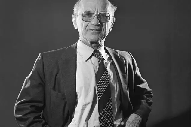 Dr. Milton Friedman of the University of Chicago, who won the 1976 Nobel Prize for economics, is a recognized leader of the conservative Chicago School of Economics, shown Nov. 29, 1976. He is associated with laissez-faire, or hands-off policy toward business and trade. (AP Photo/Eddie Adams)