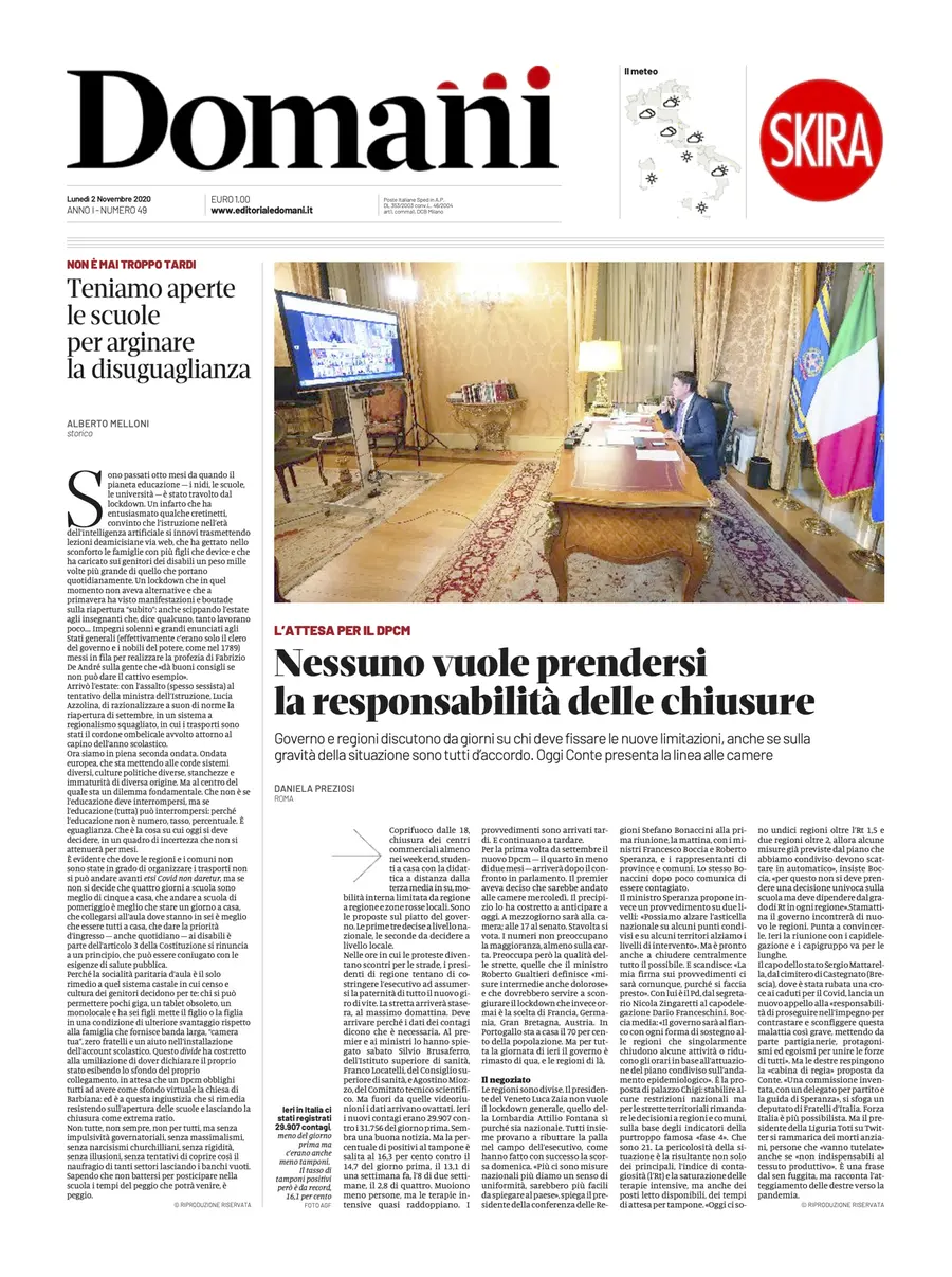 Una selezione fra le prime 100 prime pagine di Domani, dal 15 settembre al 23 dicembre 2020