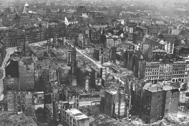 FILE - In this May 7, 1945 file photo shows a view of bomb damage in Hamburg, Germany seen from St. Michael's Church. Nazi commanders signed their surrender to Allied forces in a French schoolhouse 75 years ago this week, ending World War II in Europe and the Holocaust. (AP Photo, File)