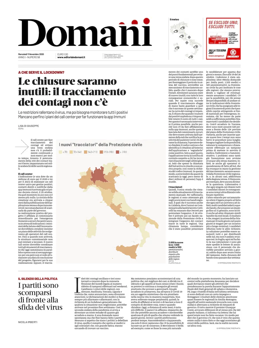 Una selezione fra le prime 100 prime pagine di Domani, dal 15 settembre al 23 dicembre 2020