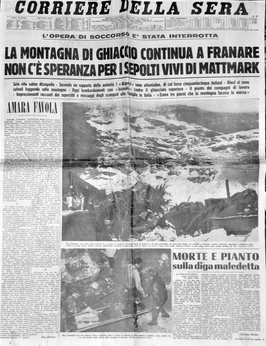 Il 1 settembre 1965 Dino Buzzati per il Corriere della Sera racconta della tragedia di Mattmark che coinvolse 17 bellunesi (2 anni dopo il Vajont) e parla di «Emigrazione, vecchia amara nostra favola…che divora» (foto Associazione ItaliaVallese)