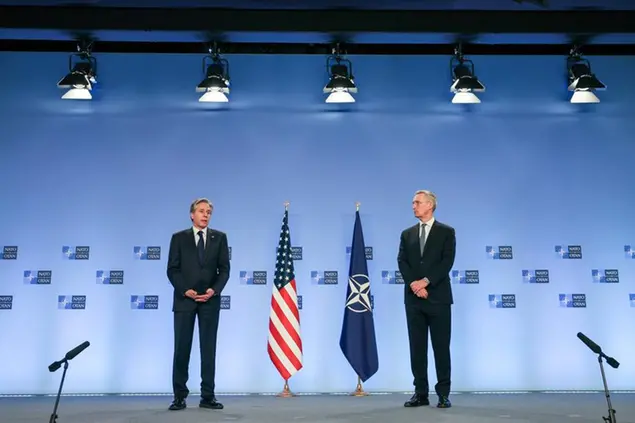 NATO Secretary-General Jens Stoltenberg meets with U.S. Secretary of State Antony Blinken at NATO headquarters in Brussels, Wednesday, April 6, 2022. (Evelyn Hockstein/Pool via AP)