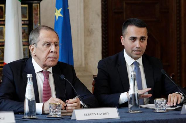 Russian Foreign Minister Sergey Lavrov, left, and his Italian counterpart Luigi di Maio, give a joint press conference, in Rome, Tuesday, Feb. 18, 2020. (AP Photo/Andrew Medichini)
