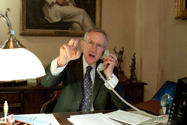 Senate Majority Leader Harry Reid, D-Nev., gestures as he takes a call in his office prior to the jobs bill cloture vote on Capitol Hill in Washington, Monday, Feb. 22, 2010. A bipartisan jobs bill cleared a GOP filibuster with critical momentum provided by the Senate's newest Republican, Scott Brown of Massachusetts.(AP Photo/Harry Hamburg)