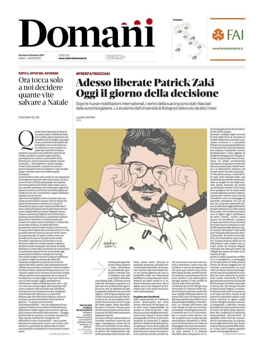 Una selezione fra le prime 100 prime pagine di Domani, dal 15 settembre al 23 dicembre 2020