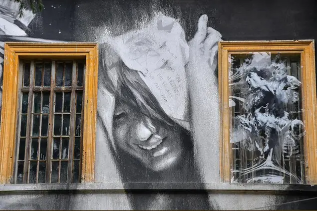 Un murales su una parete dell'edificio che era Santa Maria della Pietà a Roma (foto Ansa)