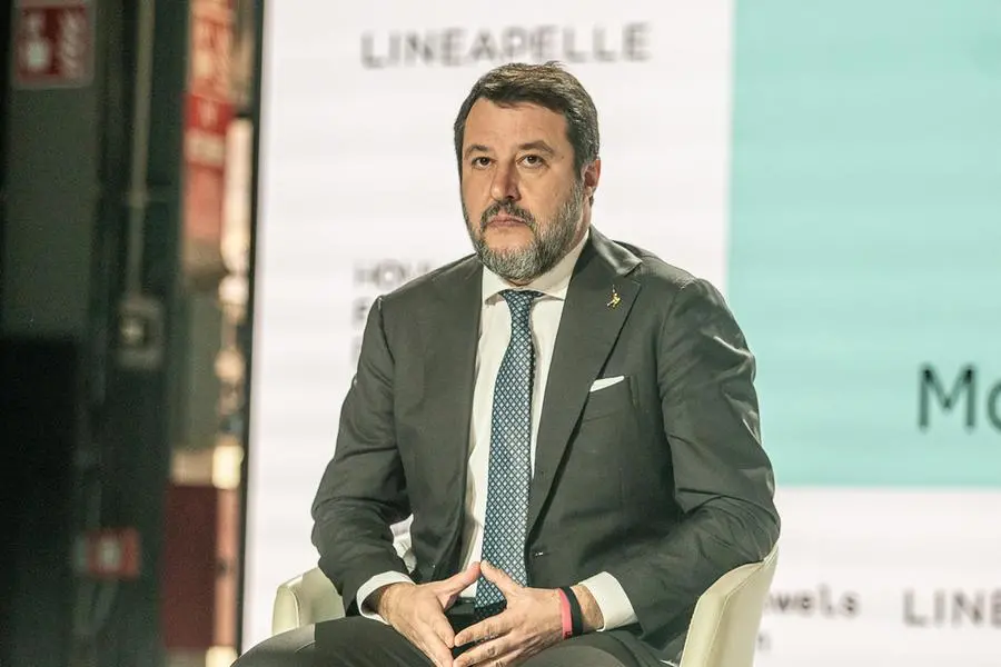 20 Febbraio 2023 Milano, Italia Visita a Micam e Mipel del presidente della Lombardia Attilio Fontana e del ministro delle Infrastrutture Matteo Salvini Nella foto Matteo Salvini Ermes Beltrami/LaPresse
