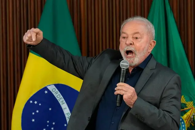 Brazil's President Luiz Inacio Lula da Silva speaks during a meeting with governors and leaders of the Supreme Court and the National Congress, in defense of democracy and against non-democratic acts, a day after Congress was stormed by supporters of former Brazilian President Jair Bolsonaro in Brasilia, Brazil, Monday, Jan. 9, 2023. The protesters also stormed the presidencial office and the Supreme Court. (AP Photo/Eraldo Peres)