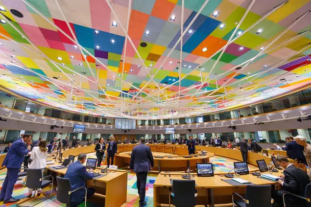 The meeting room of eurozone finance ministers at the European Council building in Brussels, Monday, July 11, 2022. (AP Photo/Olivier Matthys)