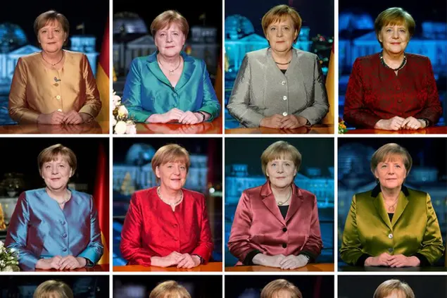 dpatop - FILED - 30 December 2020, Berlin: KOMBO - German Chancellor Angela Merkel (CDU) photographed after recording her New Year's speech at the Chancellery. Top left on 30.12.2020, further top row l-r in the years 2019 - 2017. 2nd row from top l-r in the years 2016 to 2013. 2nd row from bottom l-r in the years 2012 - 2009 as well as below row l-r 2008 to 2005. Photo by: picture-alliance/dpa/AP Images