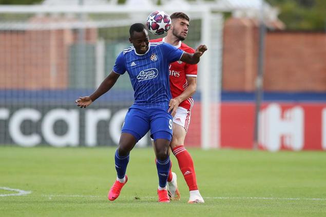 August 18, 2020, Nyon, United Kingdom: Daniel Barel Tueto Fotso of Dinamo Zagreb clashes with Morato of Benfica during the UEFA Youth League match at Colovray Sports Centre, Nyon. Picture date: 18th August 2020. Picture credit should read: Jonathan Moscrop/Sportimage(Credit Image: \\u00A9 Jonathan Moscrop/CSM via ZUMA Wire) (Cal Sport Media via AP Images)