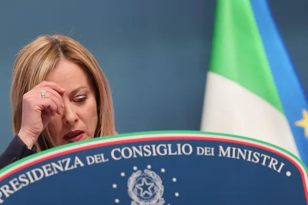 Italy's Prime Minister Giorgia Meloni speaks during a media conference at the European Council building in Brussels, Friday, Feb. 10, 2023. (AP Photo/Olivier Matthys) Associated Press/LaPresse Only Italy and Spain