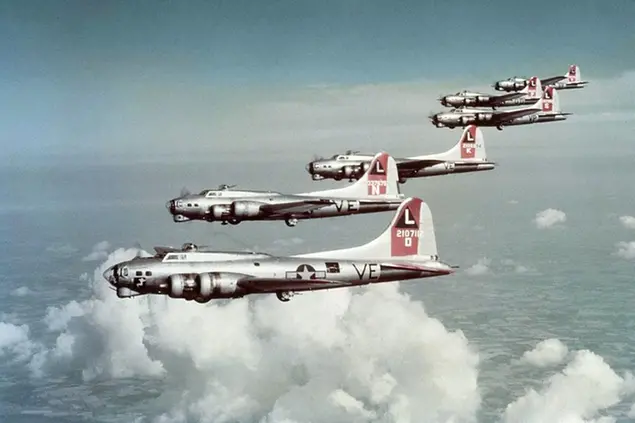 Formation of B-17’s flying over England during WWII in 1942. Group is from 8th Air Force. (AP Photo)