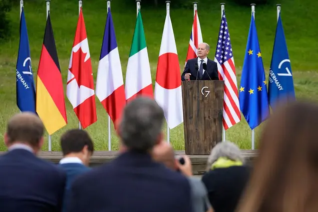 German Chancellor Olaf Scholz addresses a media conference during the G7 summit at Castle Elmau in Kruen, Germany, on Tuesday, June 28, 2022. The Group of Seven leading economic powers are concluding their annual gathering on Tuesday. (AP Photo/Martin Meissner)