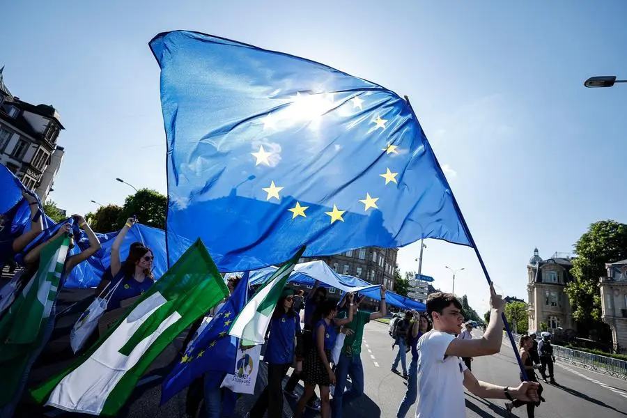 The International European Movement international attend a demonstration in Strasbourg, before the Future on Europe conference on Monday, in Strasbourg Eastern France, Saturday, May 7, 2022 (AP Photo/Jean-Francois Badias)
