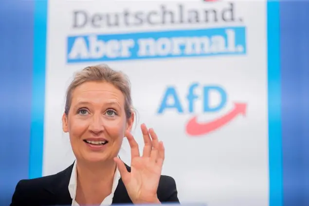 09 August 2021, Berlin: Alice Weidel, leader of the AfD parliamentary group and top candidate for the 2021 federal election, speaks at a press conference on the AfD's upcoming start to the federal election campaign. Photo by: Christoph Soeder/picture-alliance/dpa/AP Images