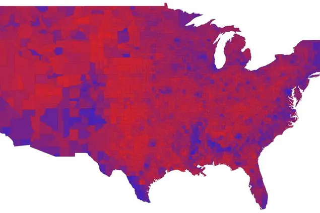 La mappa della vittoria, contea per contea, di Trump (colore rosso) nelle\\u00A0scorse\\u00A0presidenziali del 2016