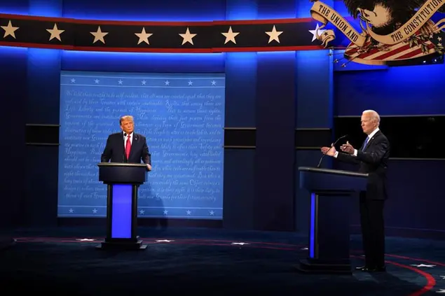 Republican candidate President Donald Trump, left, and Democratic presidential candidate former Vice President Joe Biden participate in the second and final presidential debate Thursday, Oct. 22, 2020, at Belmont University in Nashville, Tenn., with (AP Photo/Julio Cortez)