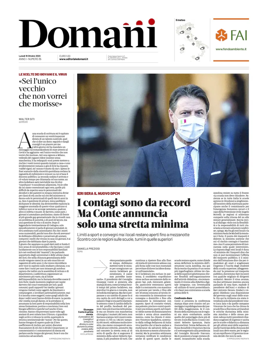 Una selezione fra le prime 100 prime pagine di Domani, dal 15 settembre al 23 dicembre 2020