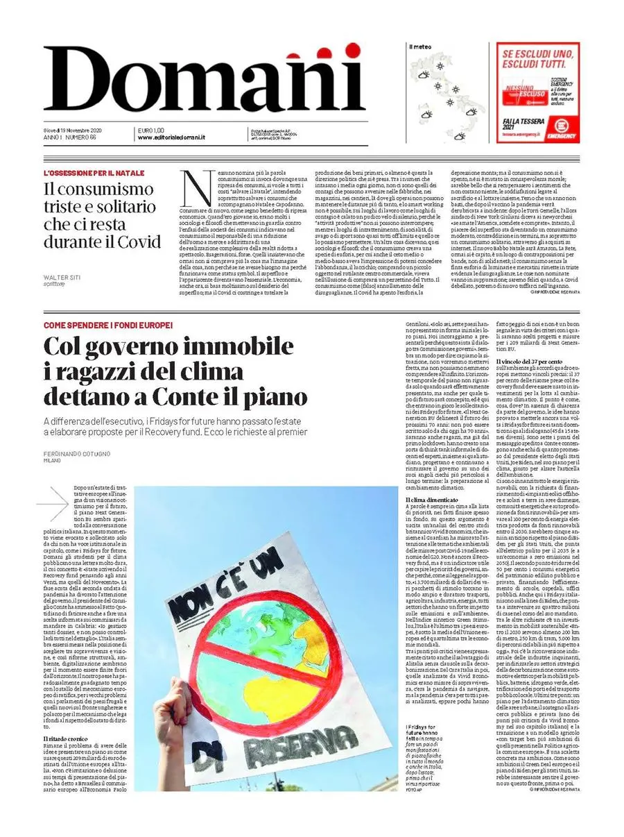 Una selezione fra le prime 100 prime pagine di Domani, dal 15 settembre al 23 dicembre 2020