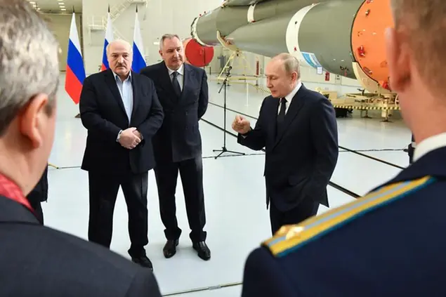 Russian President Vladimir Putin, right, Belarusian President Alexander Lukashenko, left, and Russian Roscosmos head Dmitry Rogozin visit the Vostochny cosmodrome outside the city of Tsiolkovsky, about 200 kilometers (125 miles) from the city of Blagoveshchensk in the far eastern Amur region Tsiolkovsky , Russia, Tuesday, April 12, 2022. Russia on Tuesday marks the 61th anniversary of Gagarin's pioneering mission on April 12 1961, the first human flight to orbit that opened the space era. (Evgeny Biyatov, Sputnik, Kremlin Pool Photo via AP)