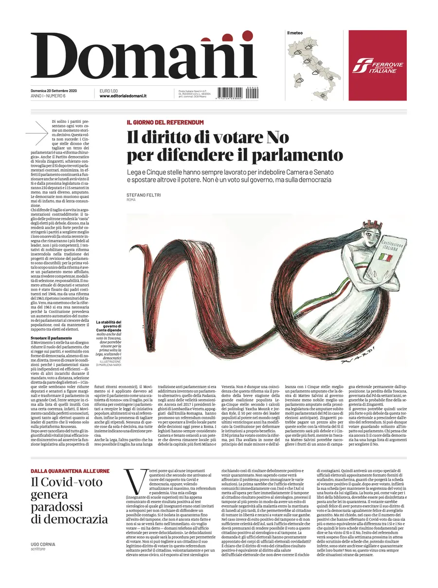 Una selezione fra le prime 100 prime pagine di Domani, dal 15 settembre al 23 dicembre 2020