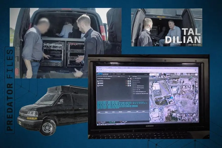 la dimostrazione fatta da Tal Dilian, davanti alle telecamere di Forbes, del van usato per hackerare telefoni con la tecnologia zero-click di Predator (Simon Toupet / Mediapart)