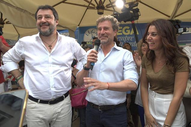 08/06/2022 Lucca, campagna elettorale della Lega in vista delle elezioni amministrative. Nella foto Matteo Salvini e il candidato a Sindaco Mario Pardini con Susanna Ceccardi