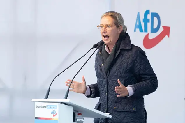 22 September 2021, Saxony, G'rlitz: Alice Weidel, AfD top candidate for the Bundestag elections, speaks at a campaign event of her party at Marienplatz. Photo by: Sebastian Kahnert/picture-alliance/dpa/AP Images