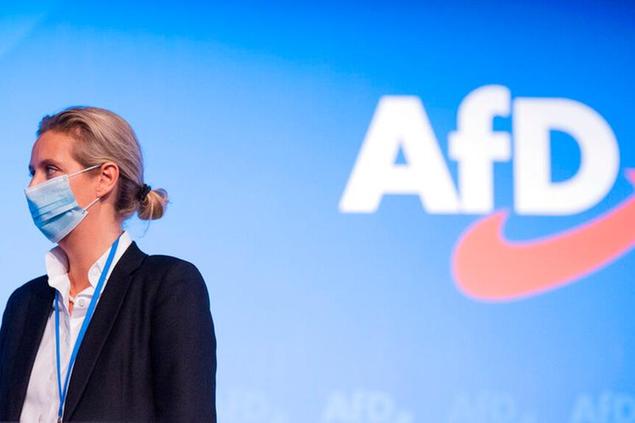28 November 2020, North Rhine-Westphalia, Kalkar: Alice Weidel, deputy federal spokesperson, is on the podium at the Federal Party Congress of the AfD. The party is deciding on its future program for social and pension policy. Photo by: Rolf Vennenbernd/picture-alliance/dpa/AP Images