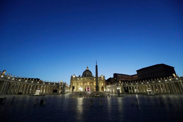 A general view of St. Peter's square at the Vatican prior to the start of the Way of the Cross liturgy, Friday, April 2, 2021. (AP Photo/Andrew Medichini)