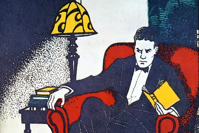 Sir Arthur Conan DOYLE (1828-1896) Sherlock Holmes in una illustrazione dei primi anni del XX secolo. Il detective, nato dalla fantasia di Arthur Conan Doyle Ã¨ raffigurato seduto in una poltrona con in mano un libro giallo.