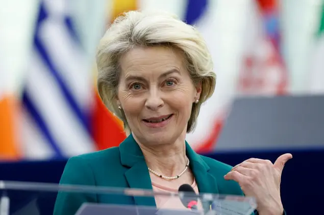 European Commission President Ursula von der Leyen delivers a speech during a debate on the political priorities for the two years on, Tuesday, April 5, 2022 at the European Parliament in Strasbourg, eastern France. (AP Photo/Jean-Francois Badias)