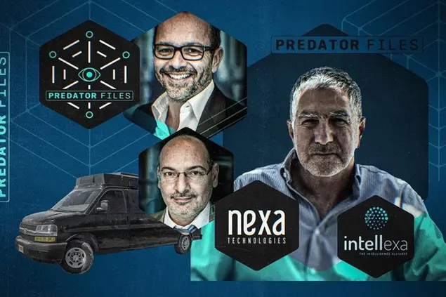 in alto Stephane Salies (fondatore di Nexa), in basso a sinistra Olivier Bohbot (presidente di Nexa), in basso a destra Tal Dilian (fondatore di Intellexa).\\u00A0 (Simon Toupet / Mediapart)