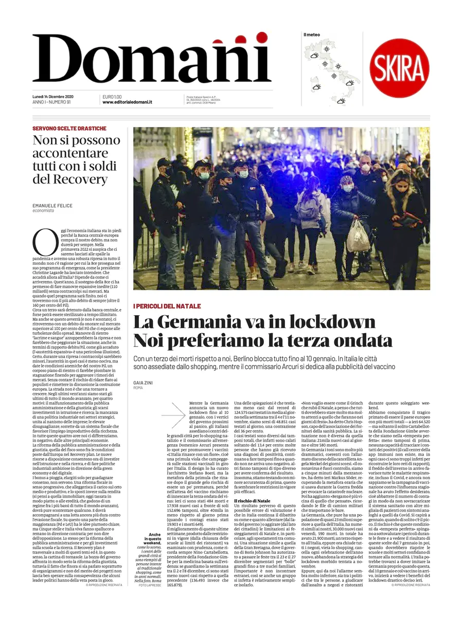Una selezione fra le prime 100 prime pagine di Domani, dal 15 settembre al 23 dicembre 2020