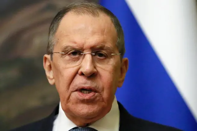 Russian Foreign Minister Sergey Lavrov attends a joint news conference with Eritrea Foreign Minister Osman Saleh Mohammed following their talks in Moscow, Russia, Wednesday, April 27, 2022. (Yuri Kochetkov/Pool Photo via AP)