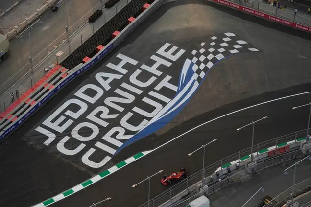 Ferrari driver Charles Leclerc of Monaco in action during practice session for the Saudi Arabian Grand Prix in Jiddah, Friday, Dec. 3, 2021. (AP Photo/Hassan Ammar)