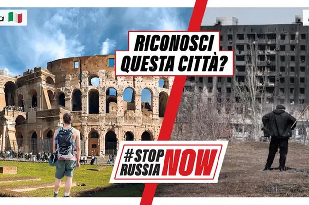 (A sinistra il Colosseo, a destra Mariupol sventrata. Nella campagna polacca ci sono anche Amsterdam, Amburgo e altre città europee)