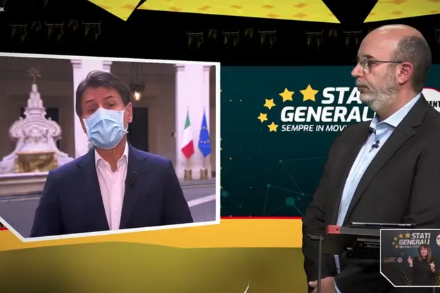Il premier Giuseppe Conte interviene in collegamento agli Stati Generali dei Cinque stelle Foto LaPresse