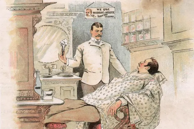 Scene in an American barbershop. Date: 1892 (AGF)