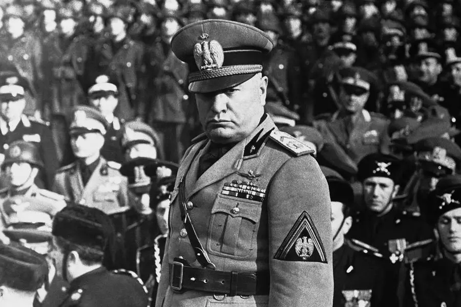 Italian Dictator Benito Mussolini when he attended the ceremony celebrating the 12 anniversary of the foundation of the Musketeers, his personal bodyguard in Rome on Feb. 17, 1943. (AP Photo)