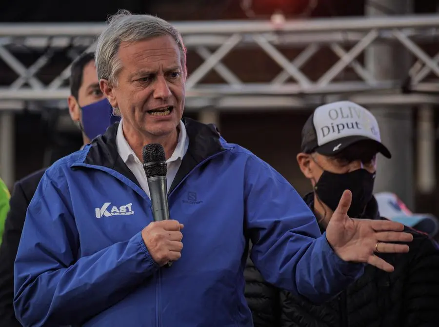 Chilean Republican Party presidential candidate Jose Antonio Kast, speaks to supporters during an electoral camping rally in Valdivia, Chile, Wednesday, Nov. 17, 2021. Chile will hold its presidential election on Nov. 21. (AP Photo/Jose Luis Saavedra)